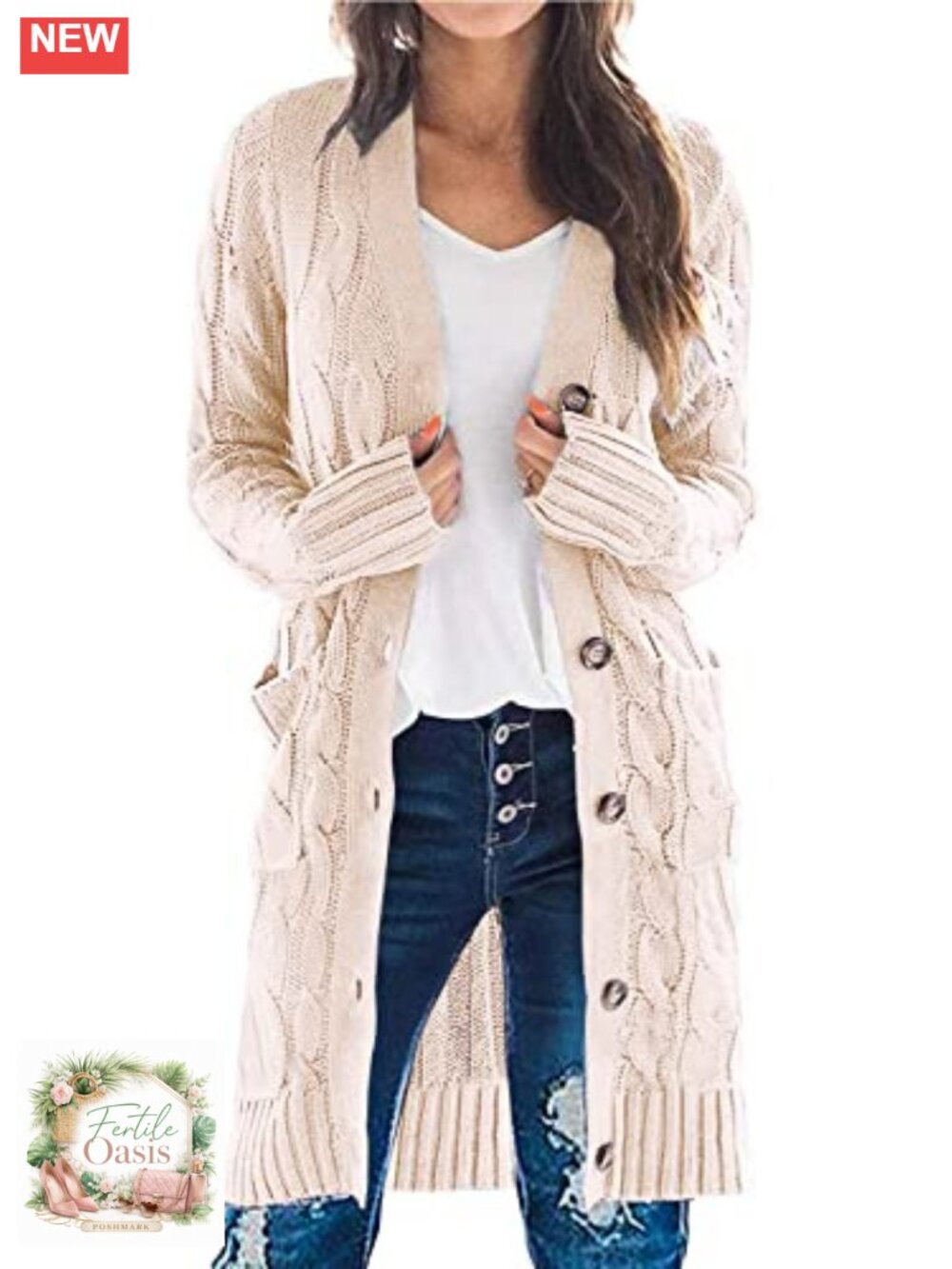 Chunky Cable Knit Long Cardigan Sweater Button Down Cozy Knitwear with Pockets